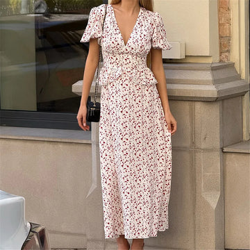 MQTIME  -  Flowers Printed V-Neck Waist Hugging Long Dress Female Puff Sleeve Elegant Fashion Dress Short Sleeve Slimming Women Dress D554